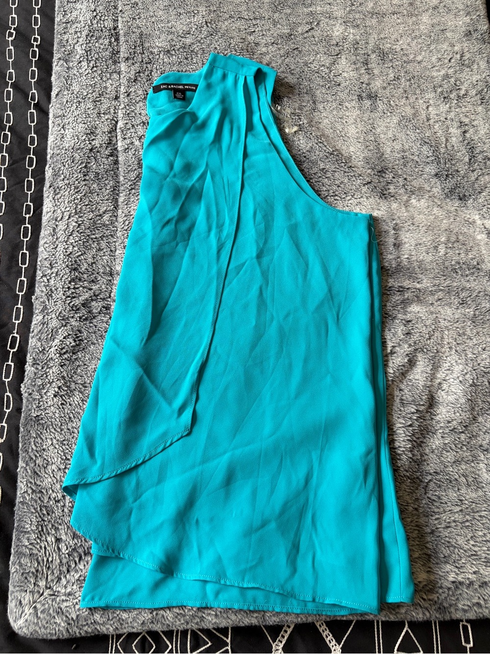 Zac & Rachel Teal One-Shoulder Draped Blouse